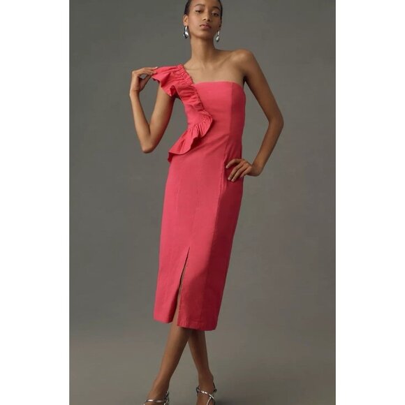 By Anthropologie One-Shoulder Ruffle Linen Column Midi Dress M Pink Preppy - Picture 1 of 11